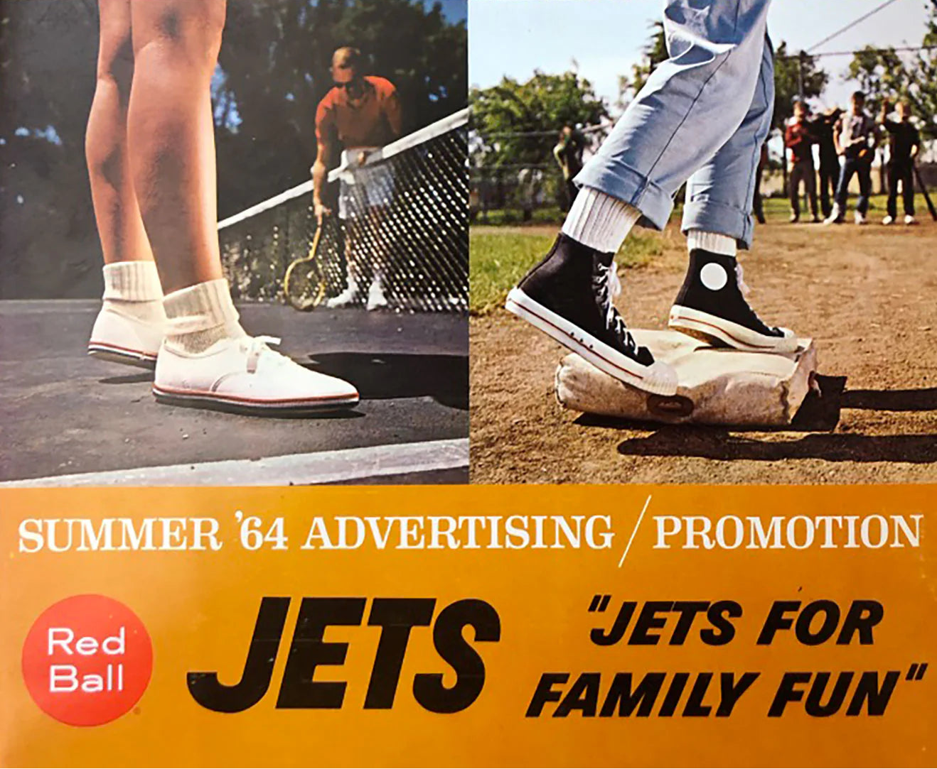 Collage of people wearing shoes with text promoting 'Red Ball Jets' for family fun in summer '64.