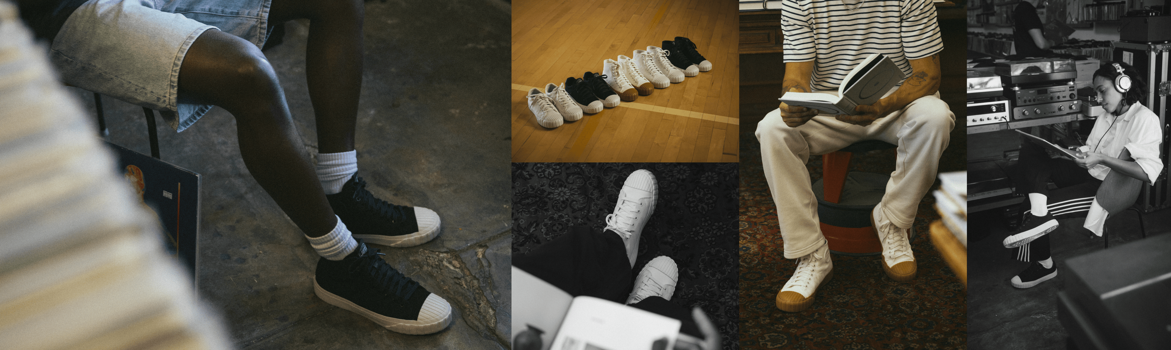 Collage of images featuring sneakers, a person reading, and a person sitting on a chair with headphones on.
