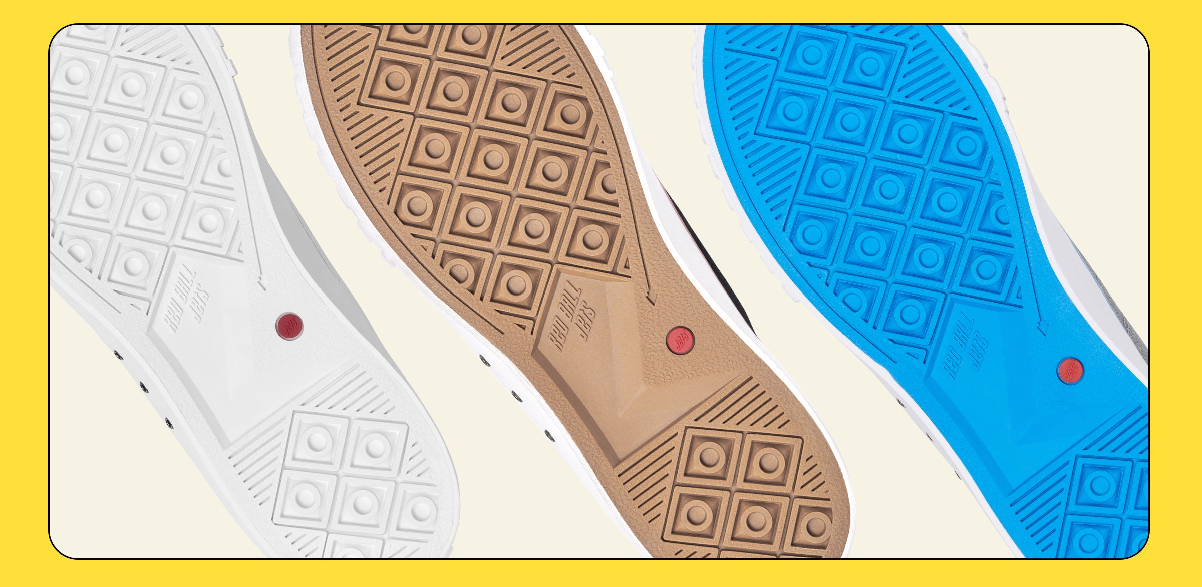 the soles of three pairs of red ball jets