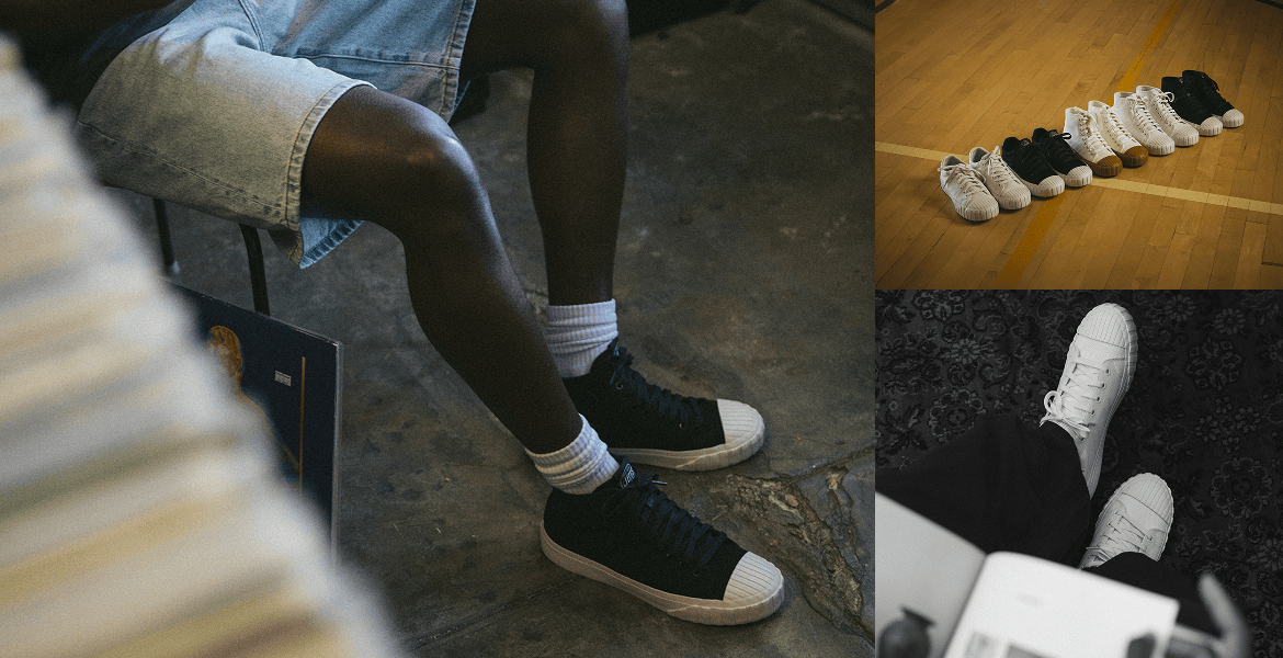 Collage of sneakers in various settings, including a person wearing them and a row on a wooden floor.