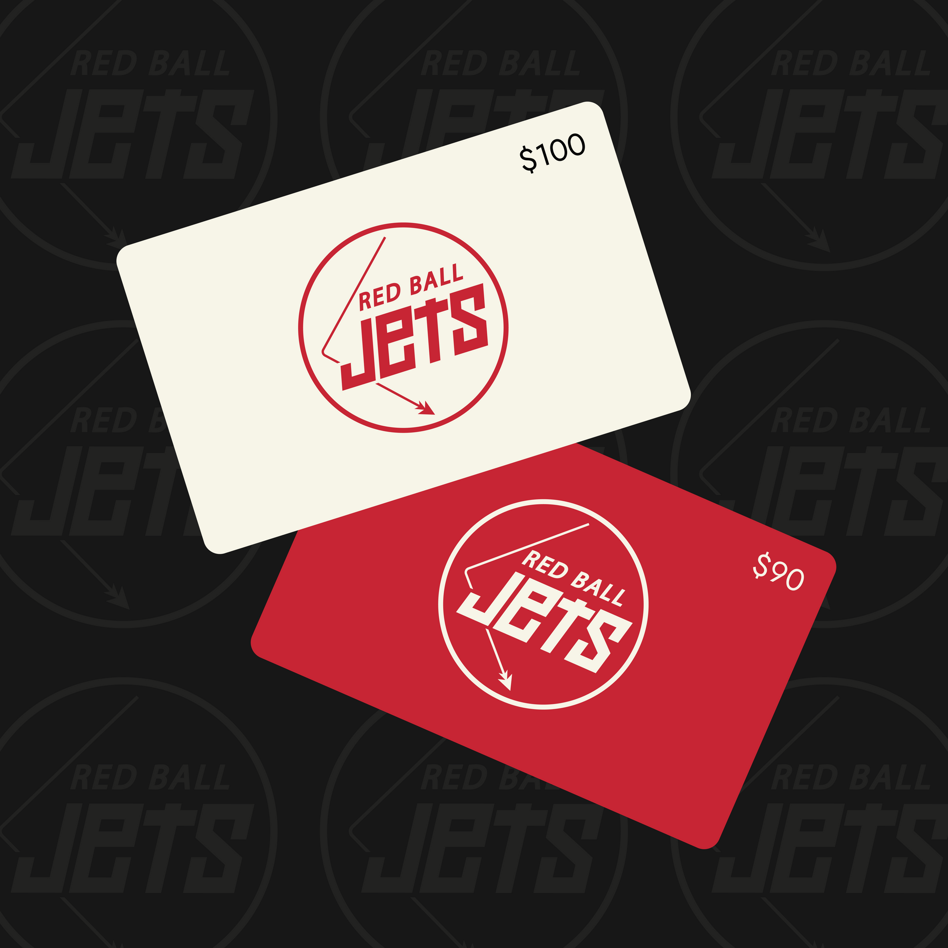 Two gift cards with 'Red Ball Jets' branding on a black background.