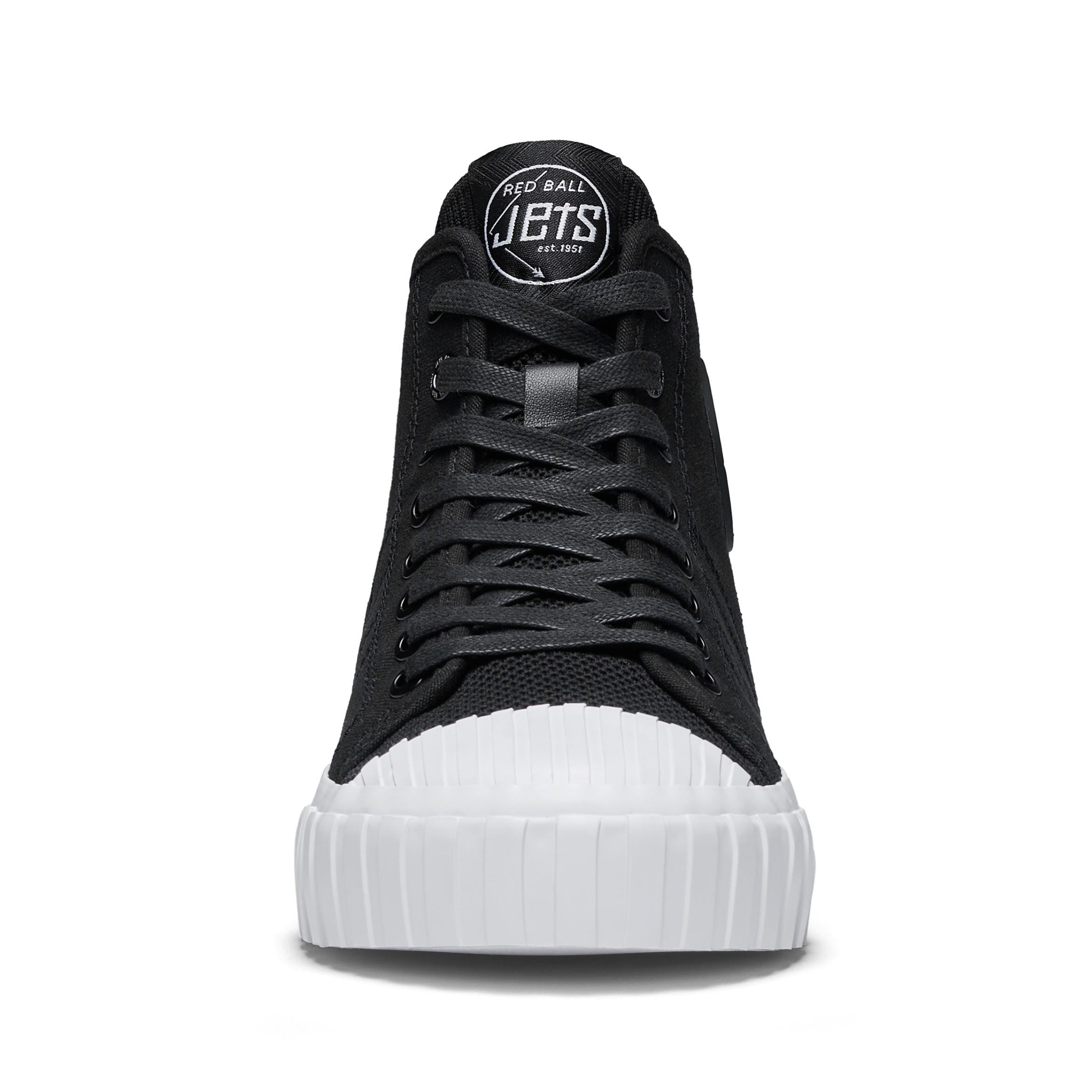Black high-top sneaker with white sole on a white background