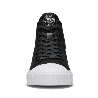 Black high-top sneaker with white sole on a white background