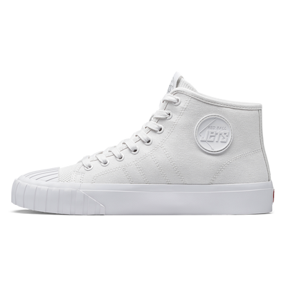 White high-top sneaker with a logo on a white background