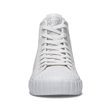 White sneaker with brand logo on a white background