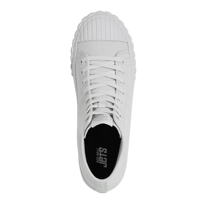 White sneaker with brand logo on a white background