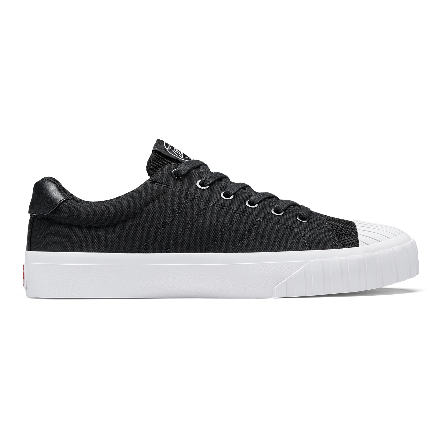 Black sneaker with white sole on a white background