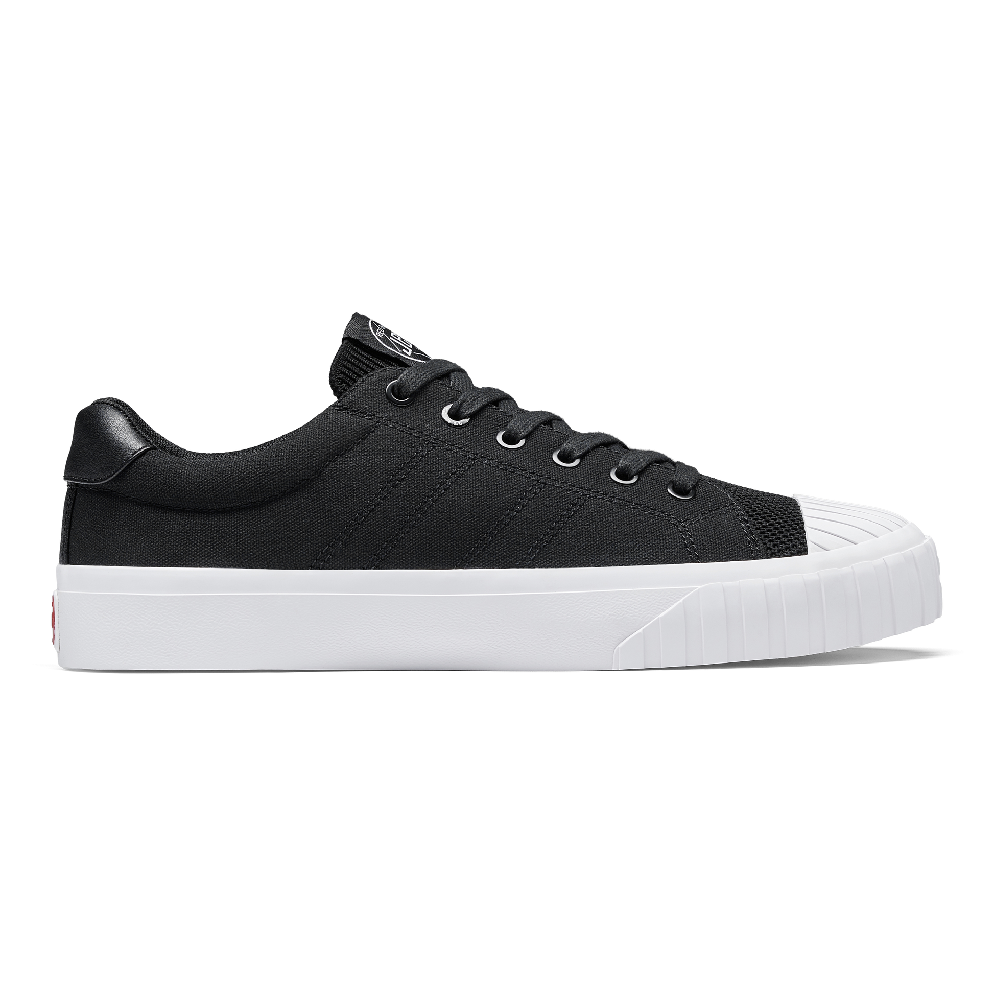 Black sneaker with white sole on a white background