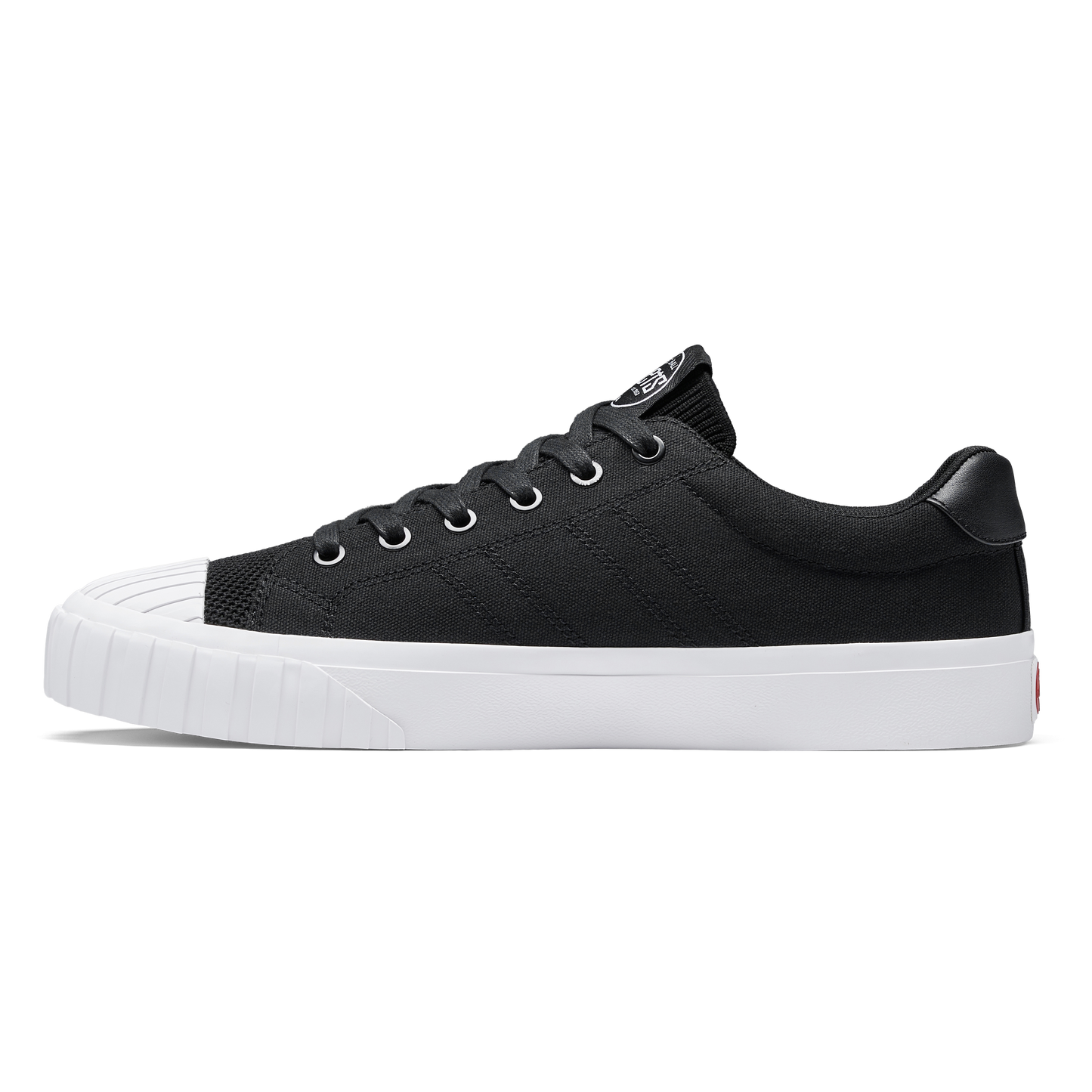 Black sneaker with white sole on a white background