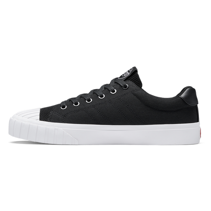 Black sneaker with white sole on a white background