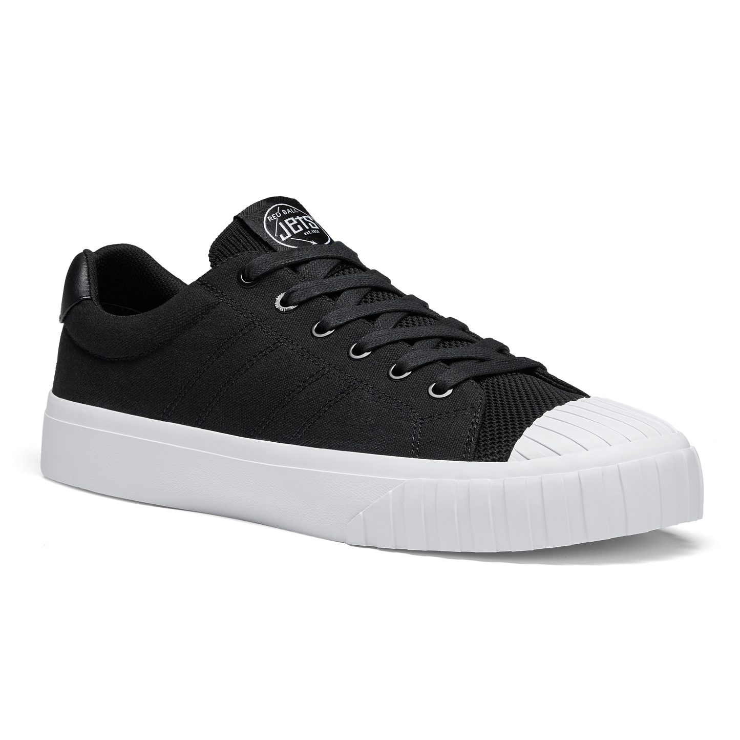 Black sneaker with white sole on a white background