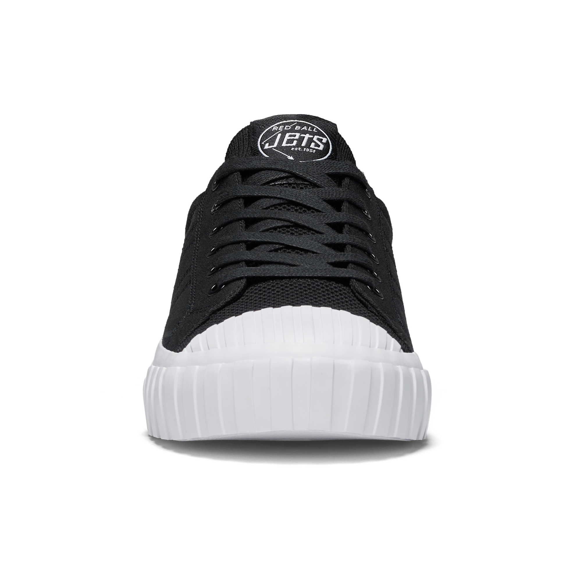 Black sneaker with white sole on a white background