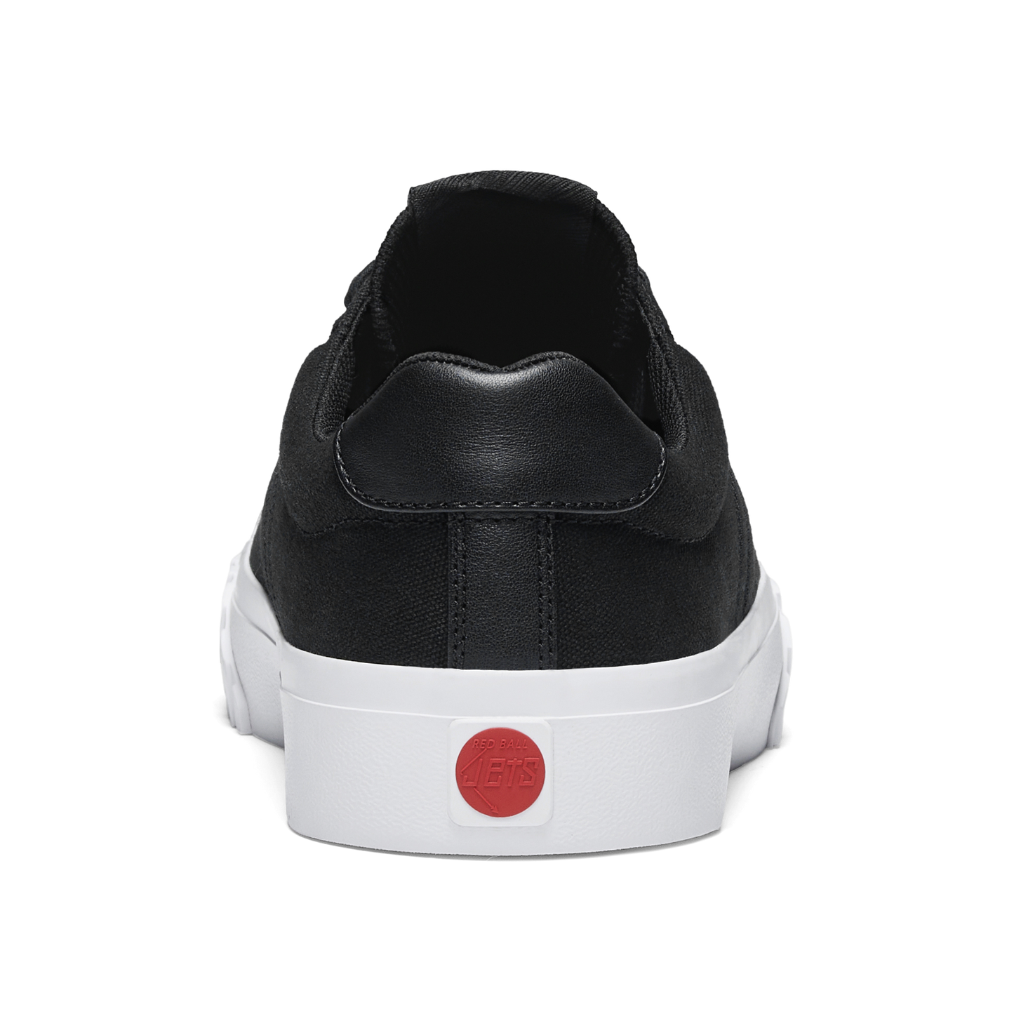 Black sneaker with a white sole and red circular Red Ball Jets logo on a white background