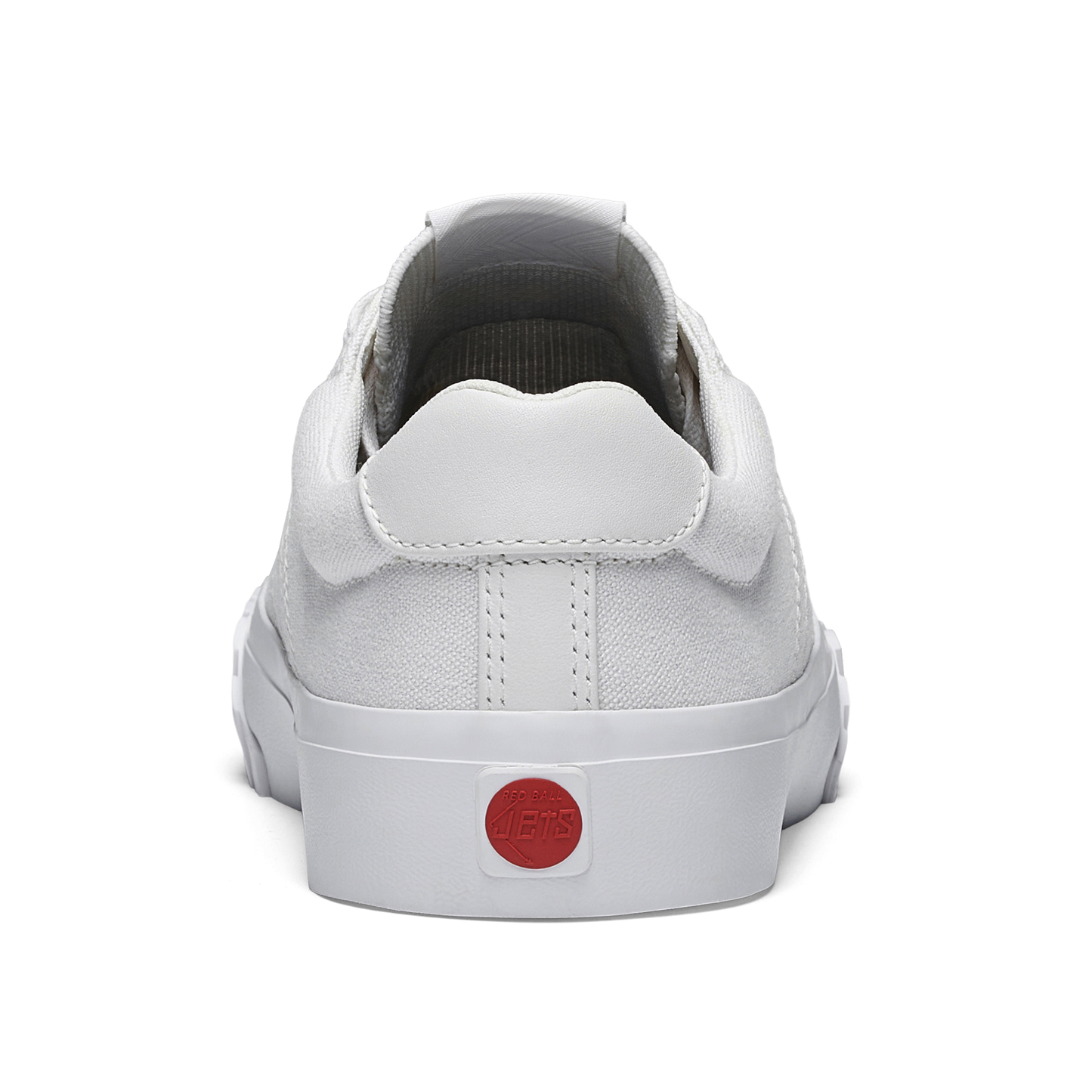 White sneaker with a red logo on a white background