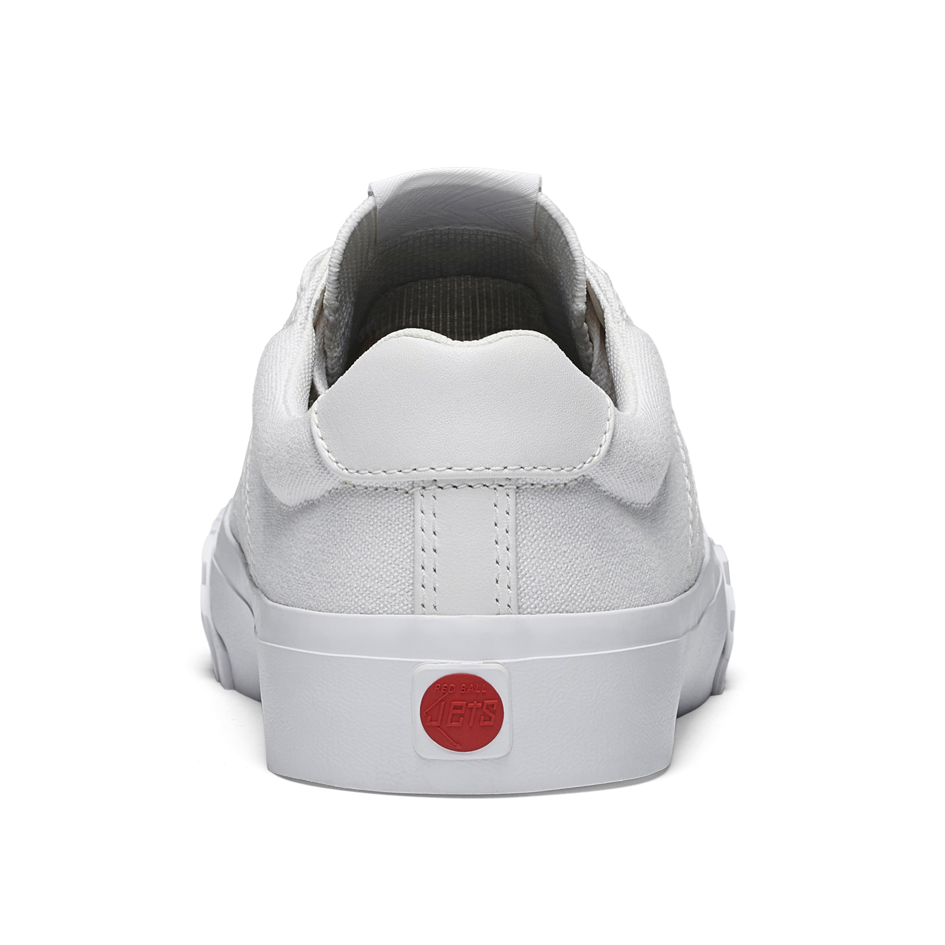 White sneaker with a red logo on a white background